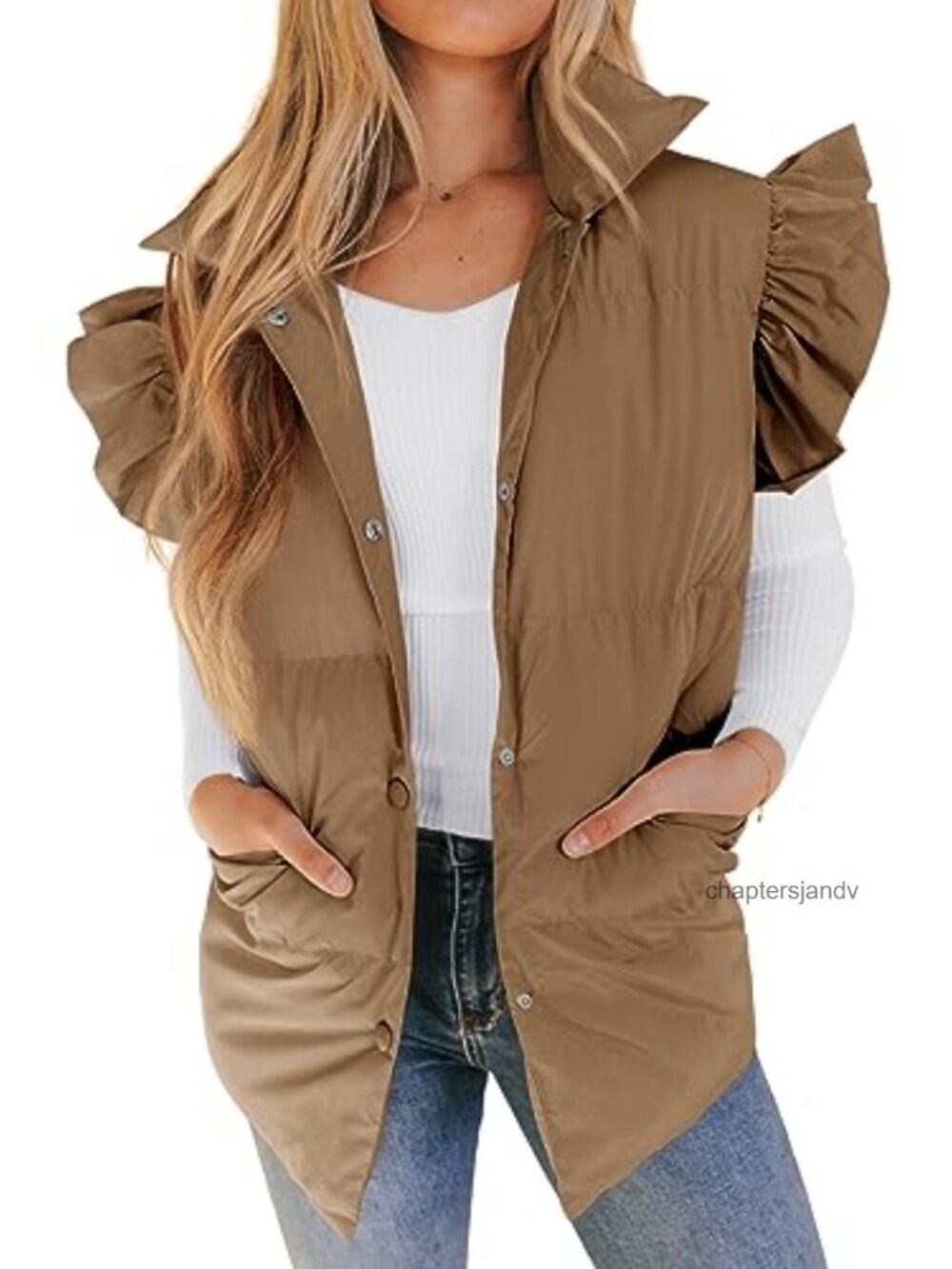 Quilted Puffer Vest Ruffle Sleeve Button Down Outerwear Gilet